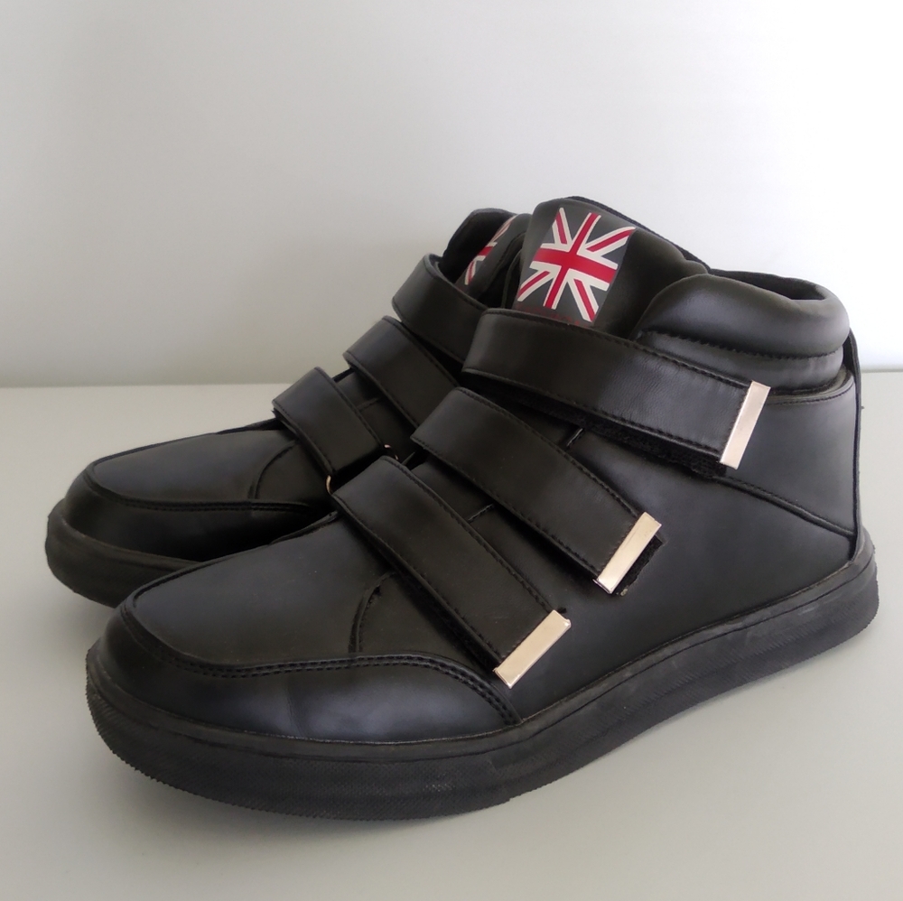 Men's high top black leather shoes with velcro